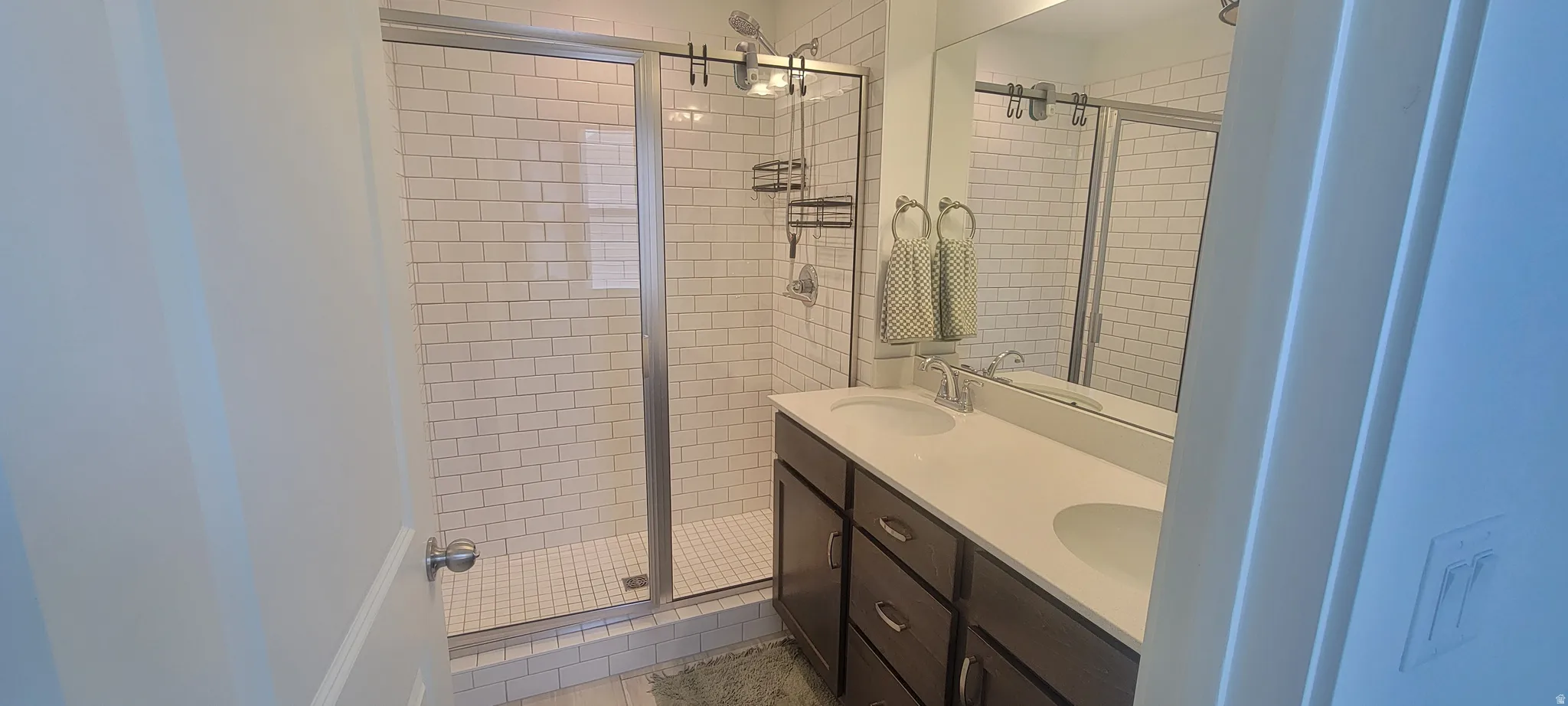 Master Bathroom with a dual-sink vanity featuring dark wood cabinetry and a light-colored countertop
