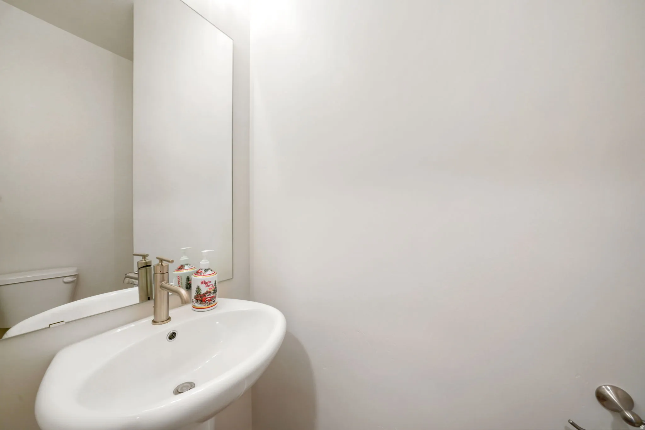 Pedestal sink with a brushed nickel faucet and a tall wall-mounted mirror