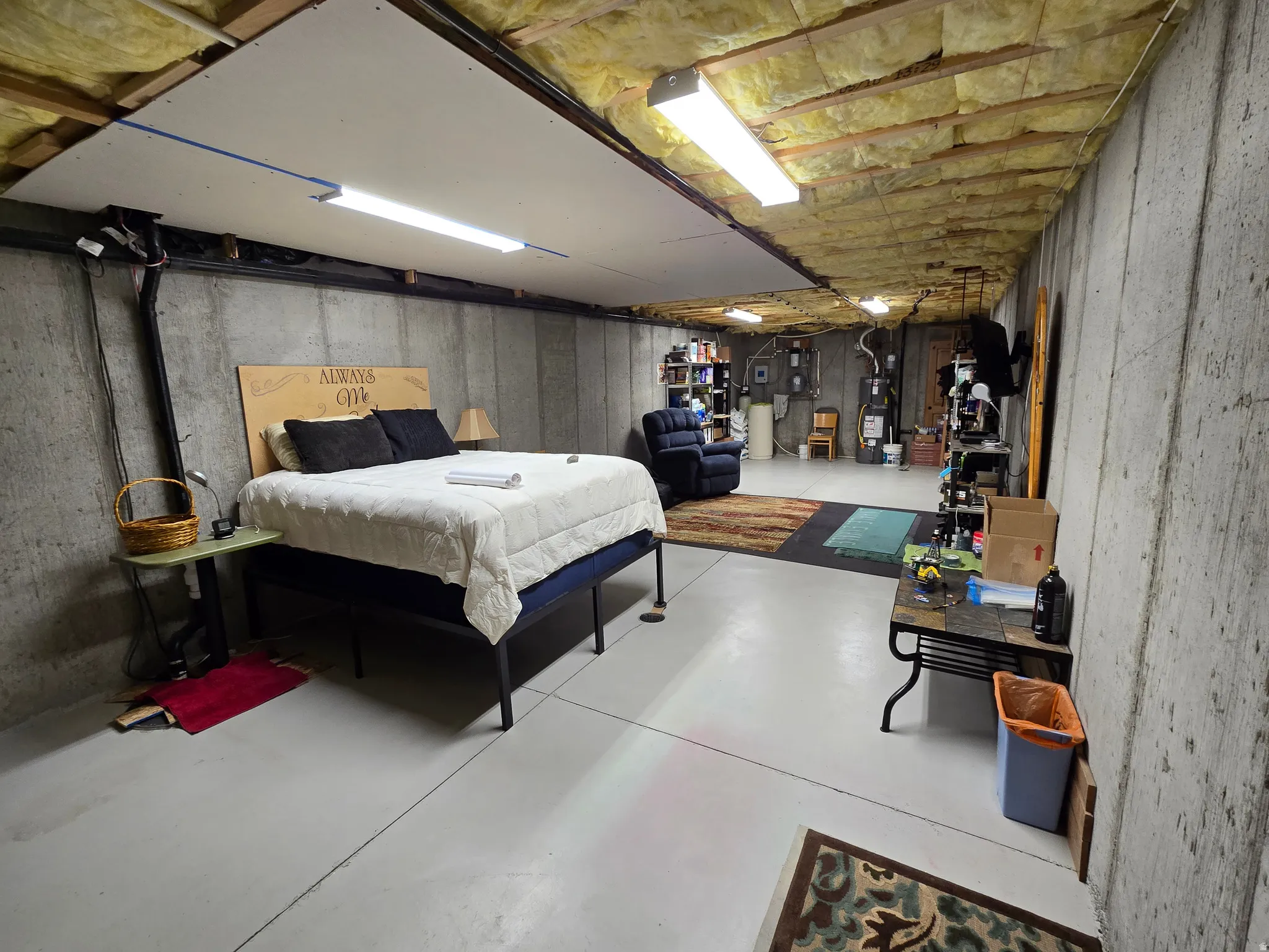 Concrete foundation walls featuring an open ceiling with visible insulation and exposed utilities