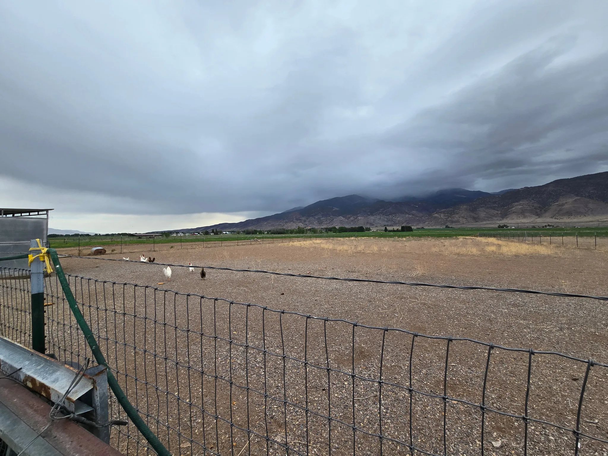 Expansive agricultural land featuring a wire fence, distant mountain range, and a covered structure