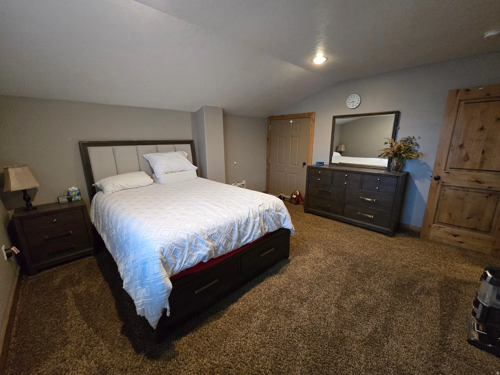 Carpeted interior space featuring a paneled wood door and a light wood-finish door, both with dark hardware