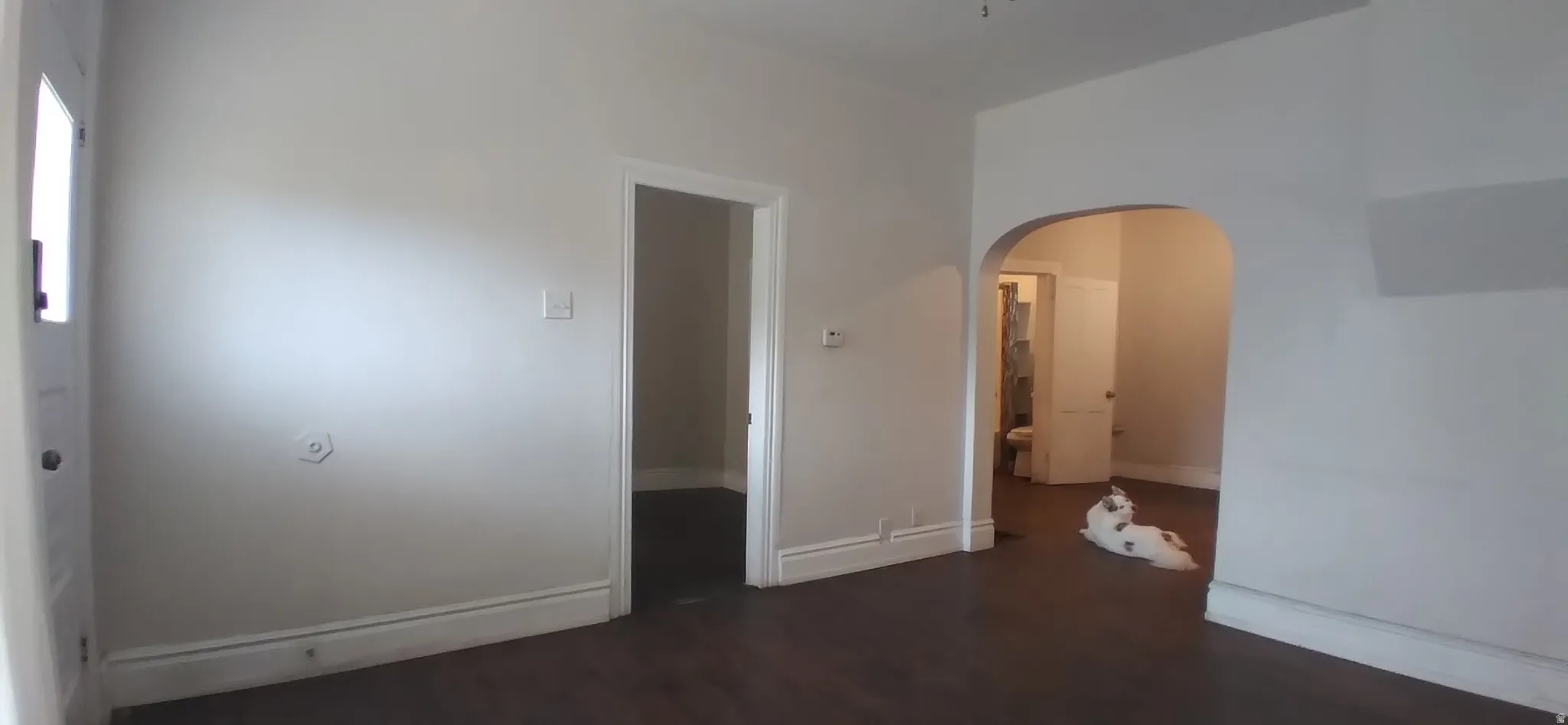 Spacious interior featuring dark wood-finish flooring, light neutral wall tones, and white baseboards