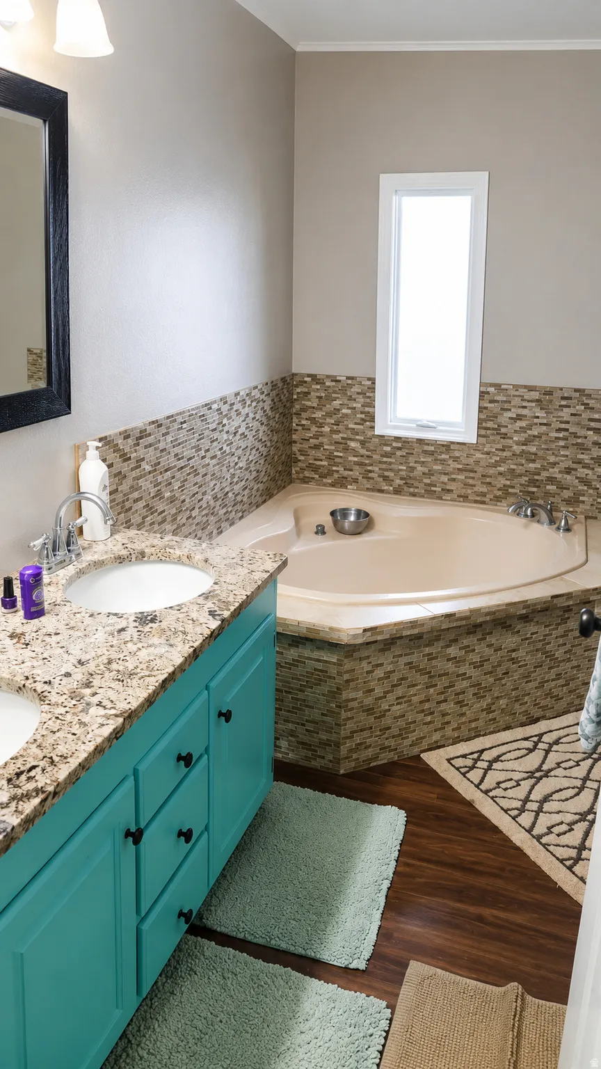 Bathroom featuring a dual-sink vanity with a stone-finish countertop, a corner soaking tub with mosaic tile surround, wood-finish flooring, and a vertical window
