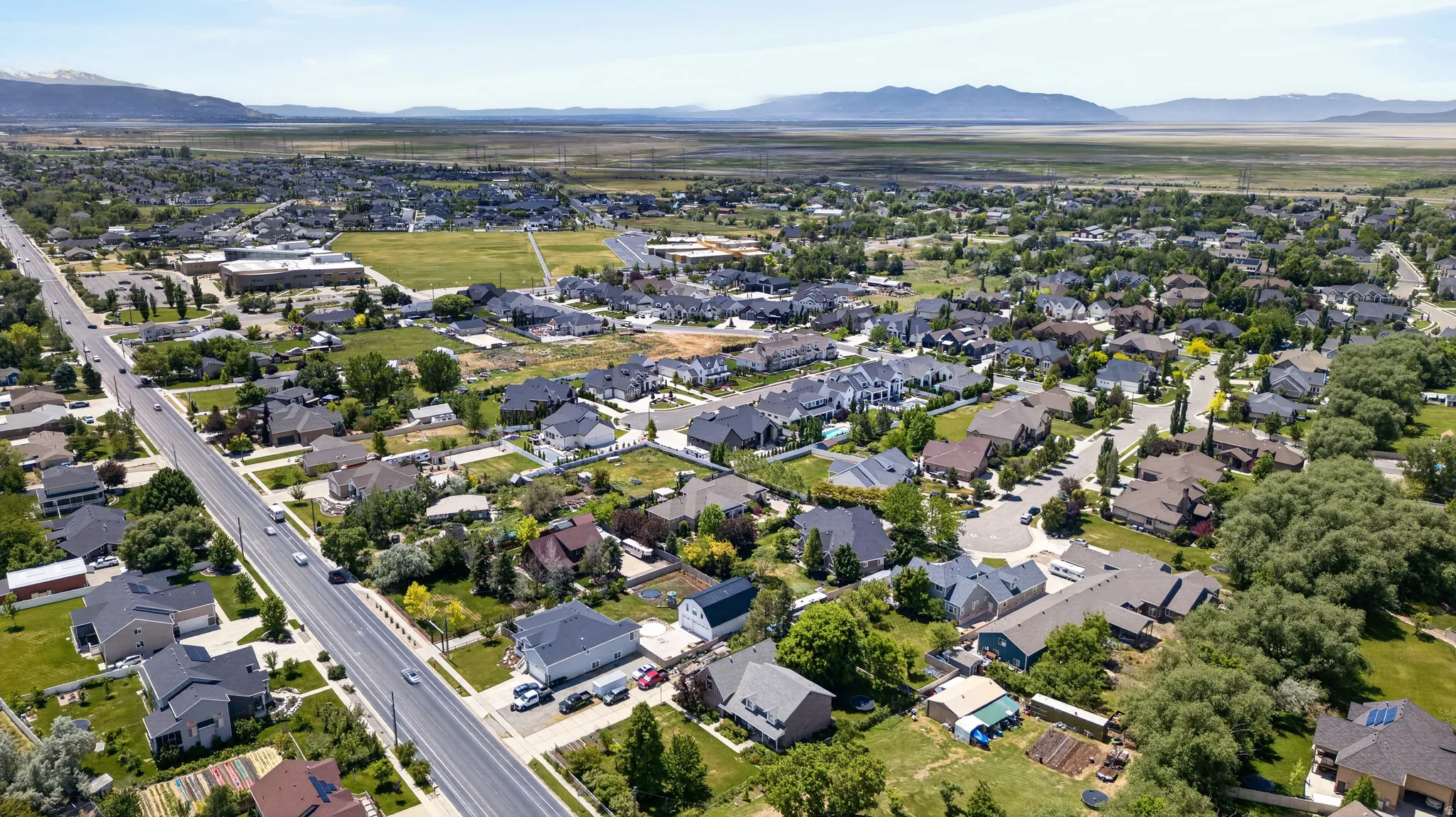 Expansive residential area featuring diverse housing styles and mature landscaping