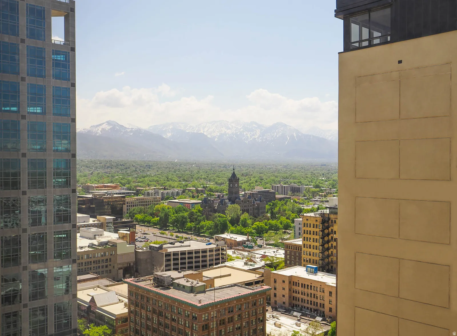Expansive cityscape featuring diverse architecture, verdant tree canopy, and distant snow-capped mountains under a clear sky