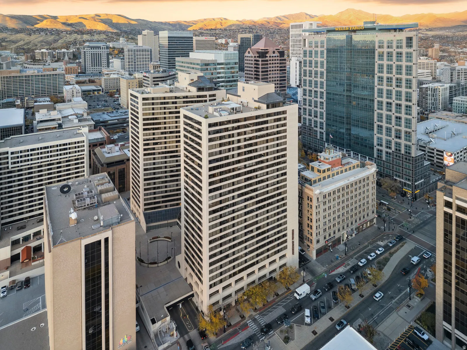 Skyline featuring multiple high-rise buildings and urban infrastructure