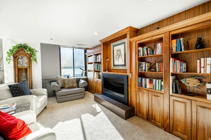 Living area featuring extensive built-in wood cabinetry, integrated shelving, and a modern fireplace