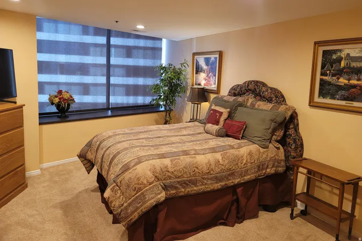 Spacious room featuring a wide window with integrated blinds, recessed ceiling lighting, and soft carpet flooring
