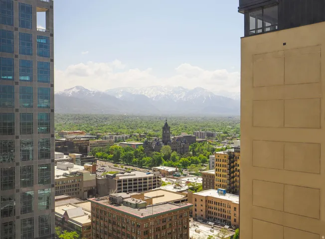 Expansive cityscape featuring diverse architecture, verdant tree canopy, and distant snow-capped mountains under a clear sky