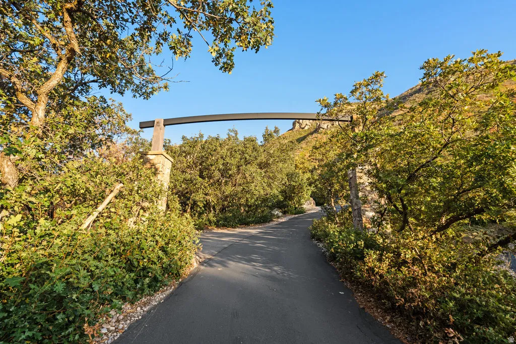 Paved pathway featuring a stone column and lush surrounding greenery, framed by mature trees and a clear sky backdrop
