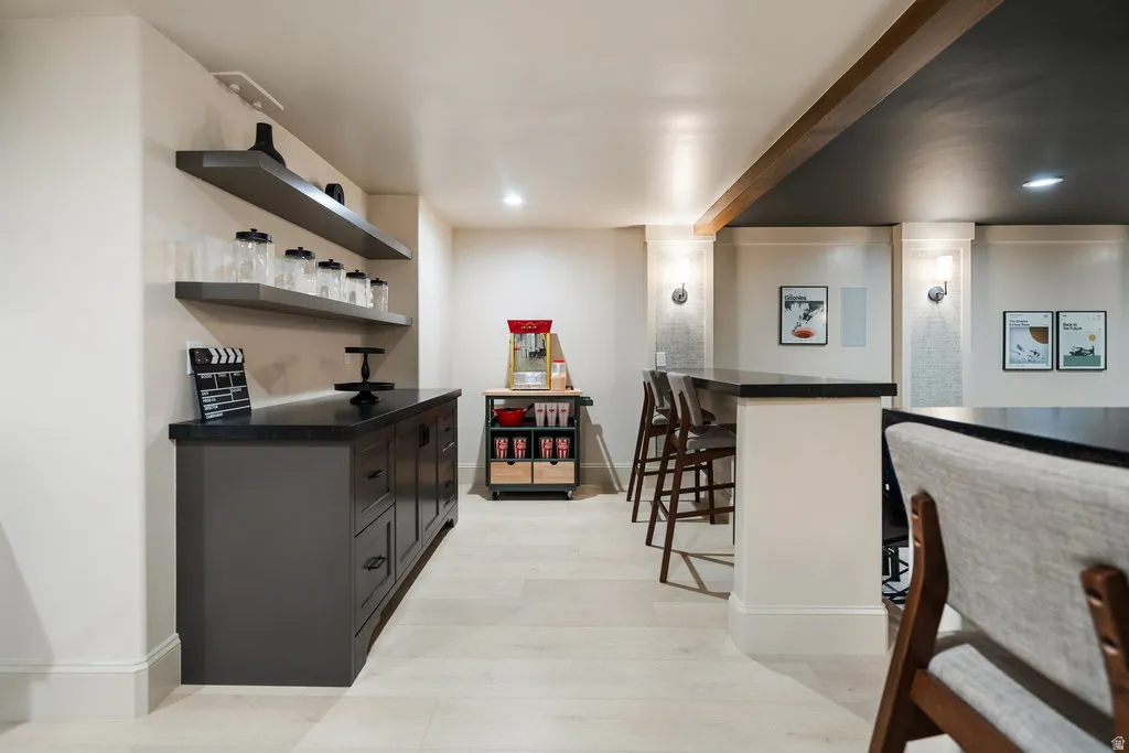 Entertainment space featuring light wood-finish flooring, dark built-in cabinetry with a dark countertop, and two floating shelves