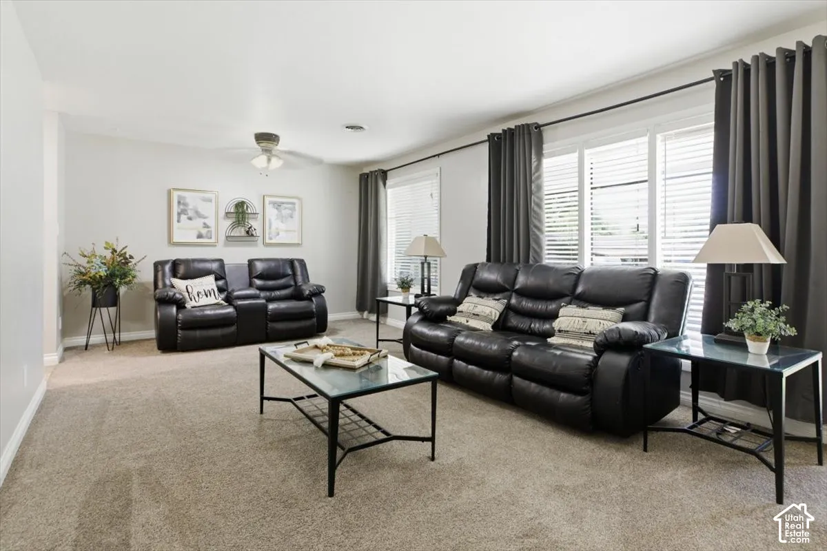 Carpeted living area featuring white walls and multiple windows with blinds and dark gray drapes