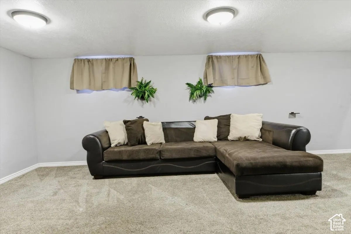 Carpeted room featuring light gray walls, white baseboards, and two recessed ceiling lights