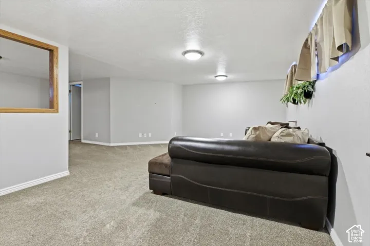 Spacious carpeted room featuring light gray walls, white trim, and recessed lighting fixtures