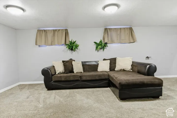 Carpeted room featuring light gray walls, white baseboards, and two recessed ceiling lights