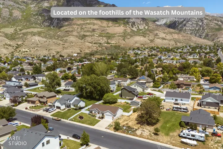 Residential community featuring diverse home styles and mature trees, set against a mountainous backdrop