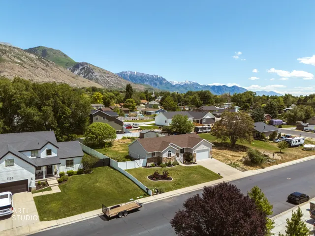 Residential neighborhood featuring mature trees and a clear mountain backdrop