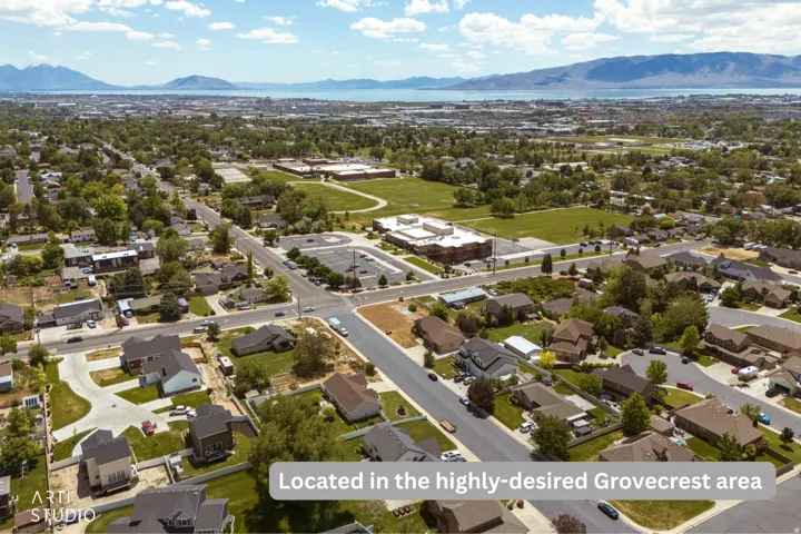 Expansive residential landscape featuring a mix of mature trees, paved streets, and a distant lake and mountain backdrop