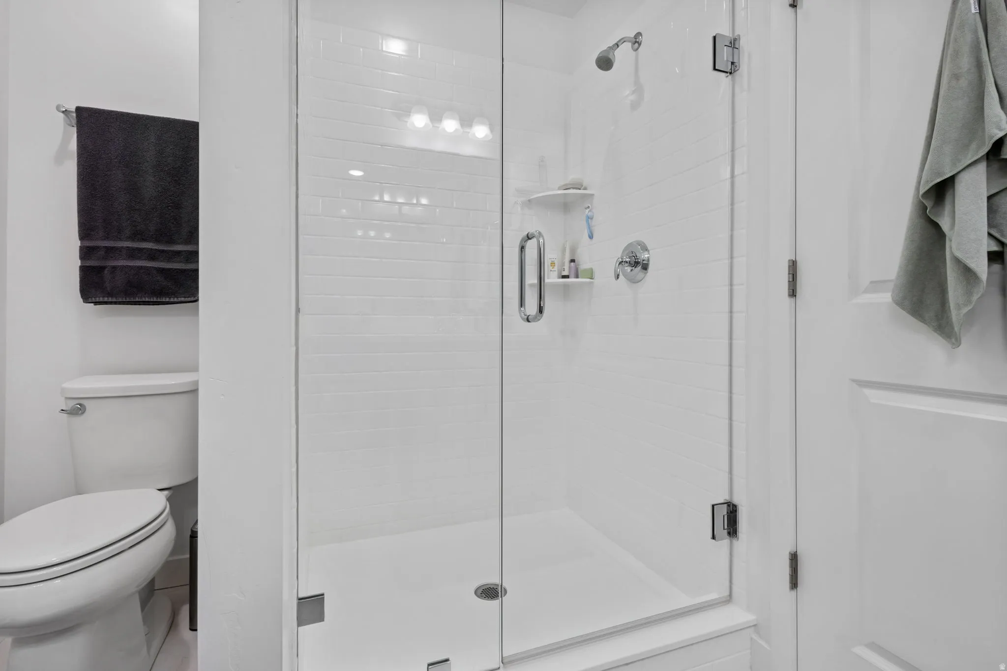 Glass-enclosed shower with white fiberglass surround, integrated shelving, and a chrome shower head
