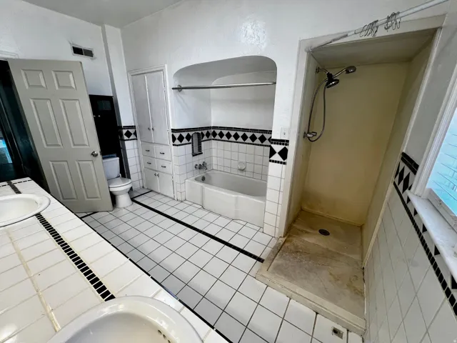 Bathroom featuring an integrated shower, separate bathtub, and dual vanity sinks