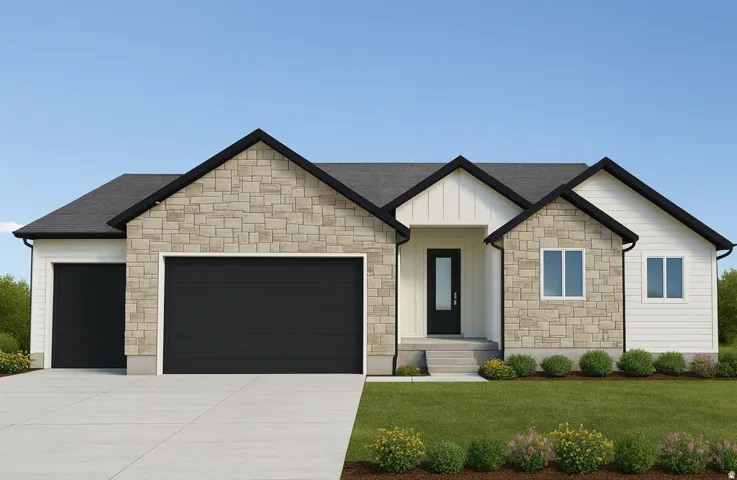 Contemporary home with stone and horizontal siding facade, a black front door with vertical window, a two-car garage, and an additional single-car garage