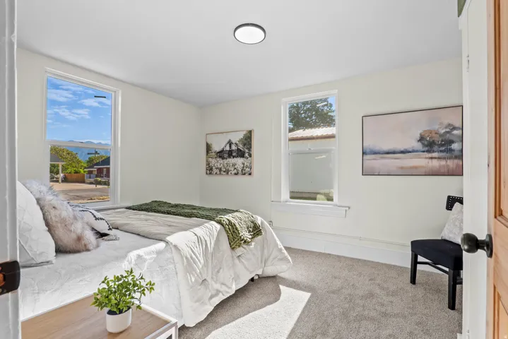 Bright bedroom featuring two windows, light beige walls, and grey carpet flooring