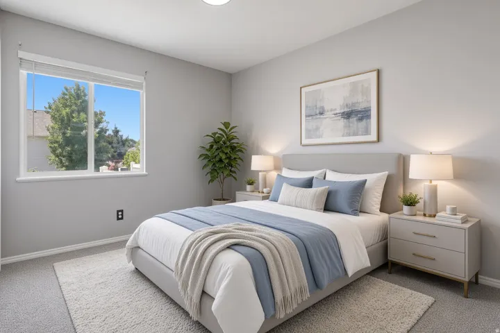 Carpeted flooring with an area rug, window with white trim, recessed ceiling light, and built-in electrical outlet