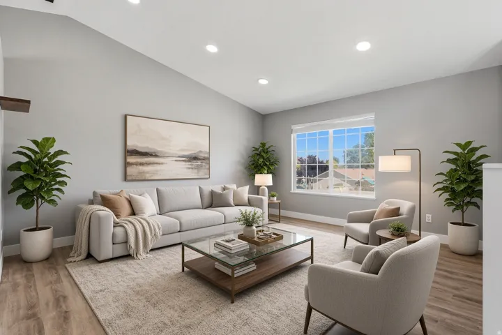 Spacious living area featuring a vaulted ceiling, recessed lighting, large window with grid pattern, and wood-finish flooring