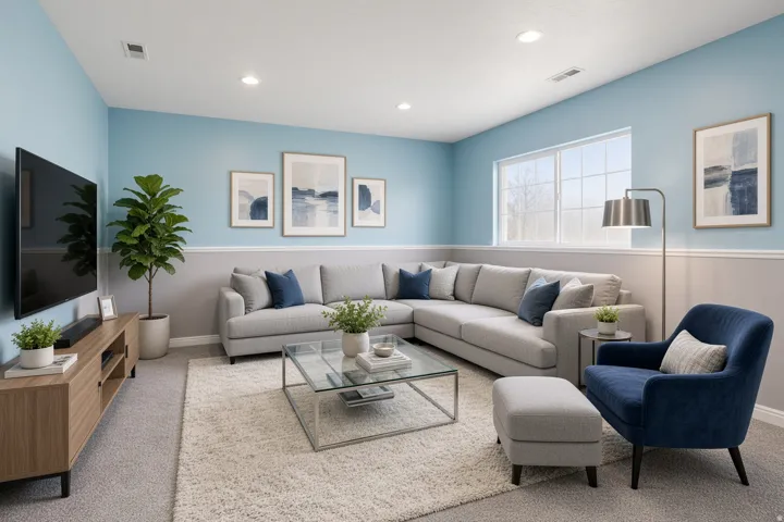 Recessed lighting, large window with grid pattern, neutral tone carpeting, two-tone wall treatment, built-in media console
