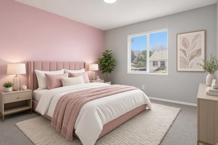 Window with horizontal blinds, flush mount ceiling light, and carpeted flooring