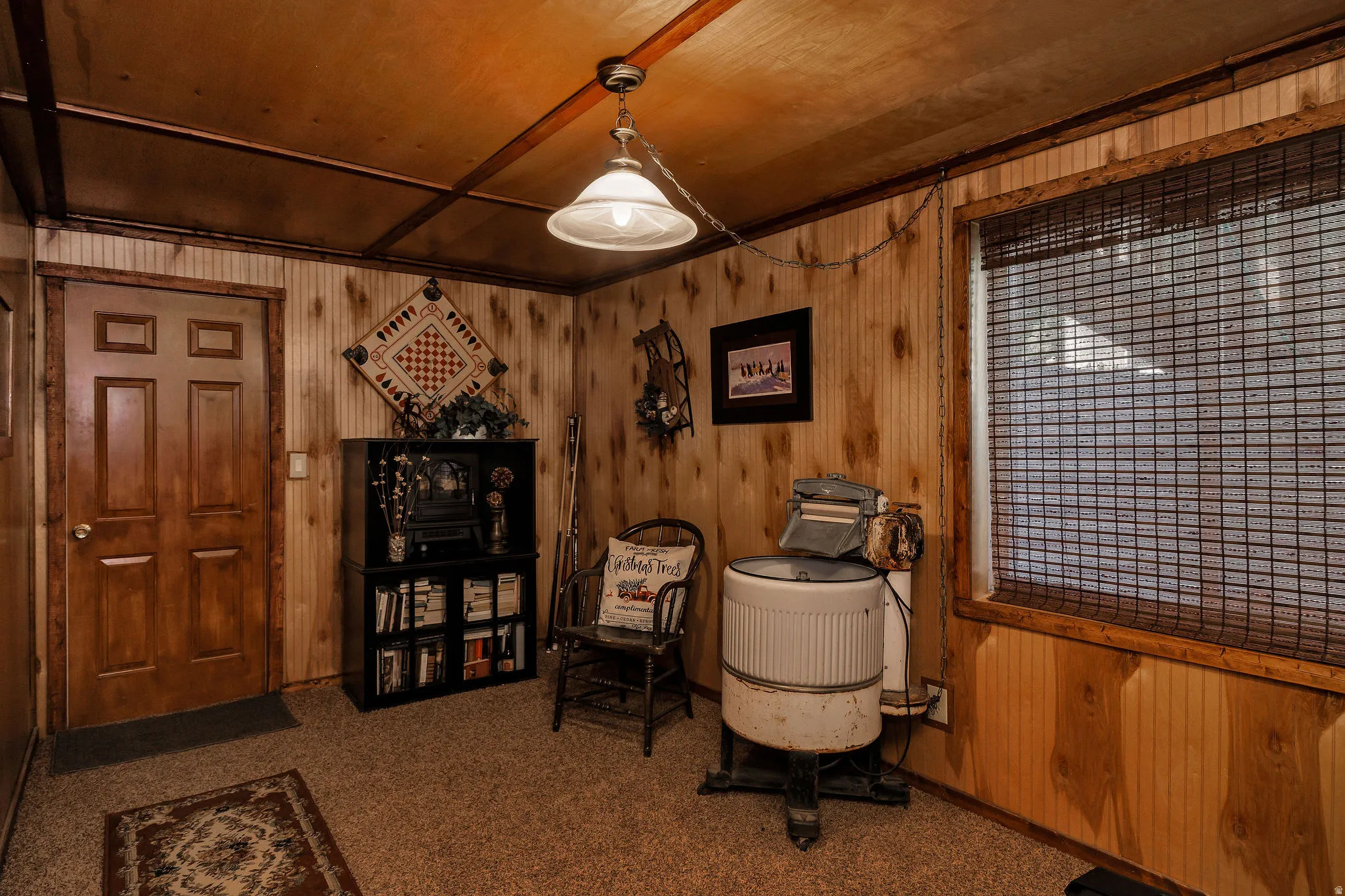 Wood paneling and wood-finish door with an overhead chain-hung light fixture