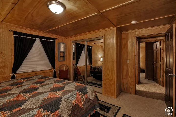 Bedroom featuring wood-paneled walls and ceiling, wall-to-wall carpeting, and a ceiling-mounted light fixture