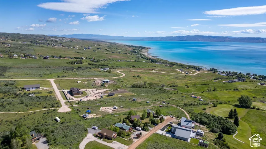 Expansive aerial perspective showcasing a significant body of water bordered by a green landscape with scattered residential properties