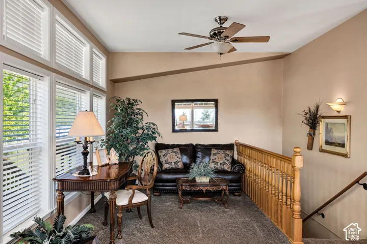 Upper-level landing featuring a vaulted ceiling and ample natural light from extensive fenestration