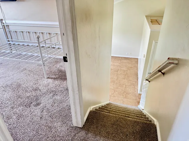Carpeted staircase descending to a tiled lower level