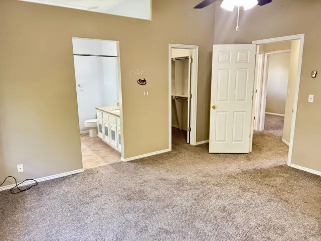 Carpeted interior space featuring a ceiling fan, a walk-in closet, and access to a bathroom with a vanity and toilet