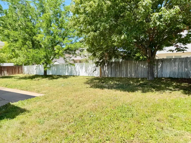 Expansive backyard featuring mature trees, a privacy fence, and a concrete patio section