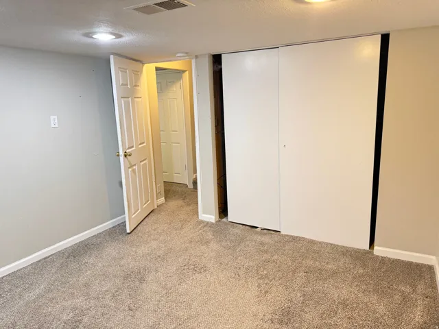 Plush carpeted flooring with light gray walls, white trim, and a white six-panel interior door