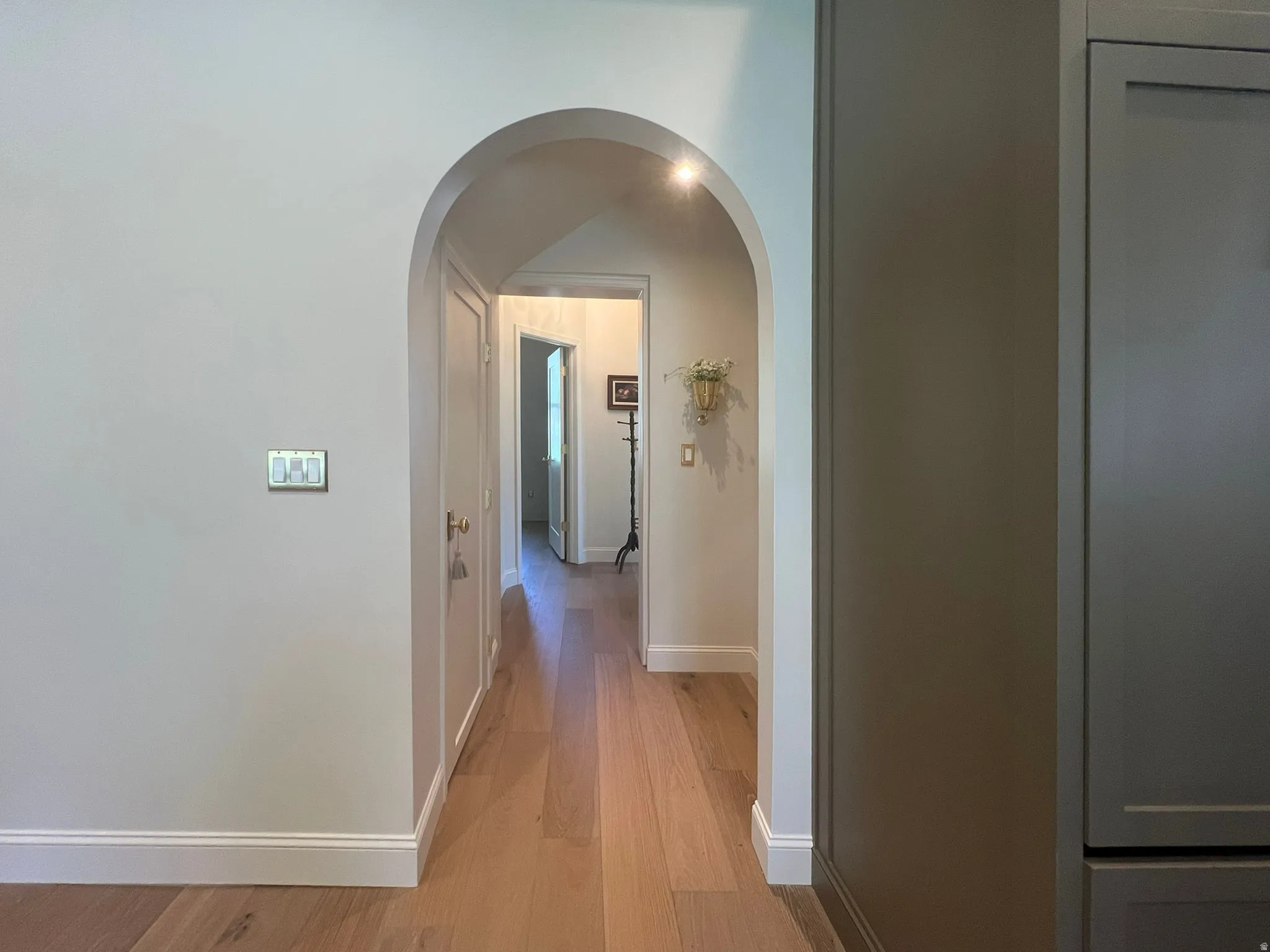Arched doorway framing a hallway with wood-finish flooring, recessed lighting, and white baseboards