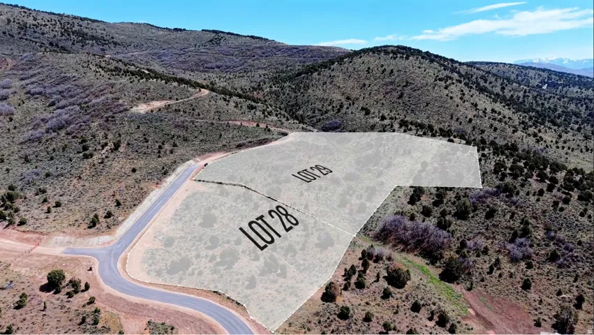 Two adjacent lots, Lot 28 and Lot 29, situated on a curved paved road with surrounding natural vegetation and distant mountain ranges