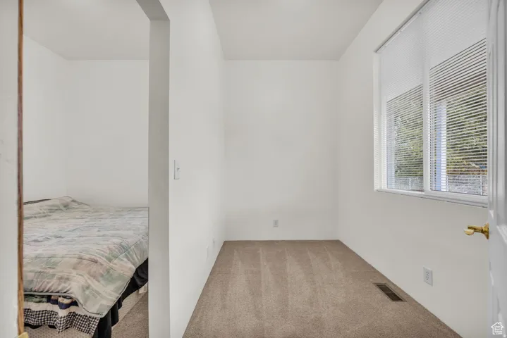 Carpeted room with white walls, a large window featuring horizontal blinds, and a brass-finish doorknob