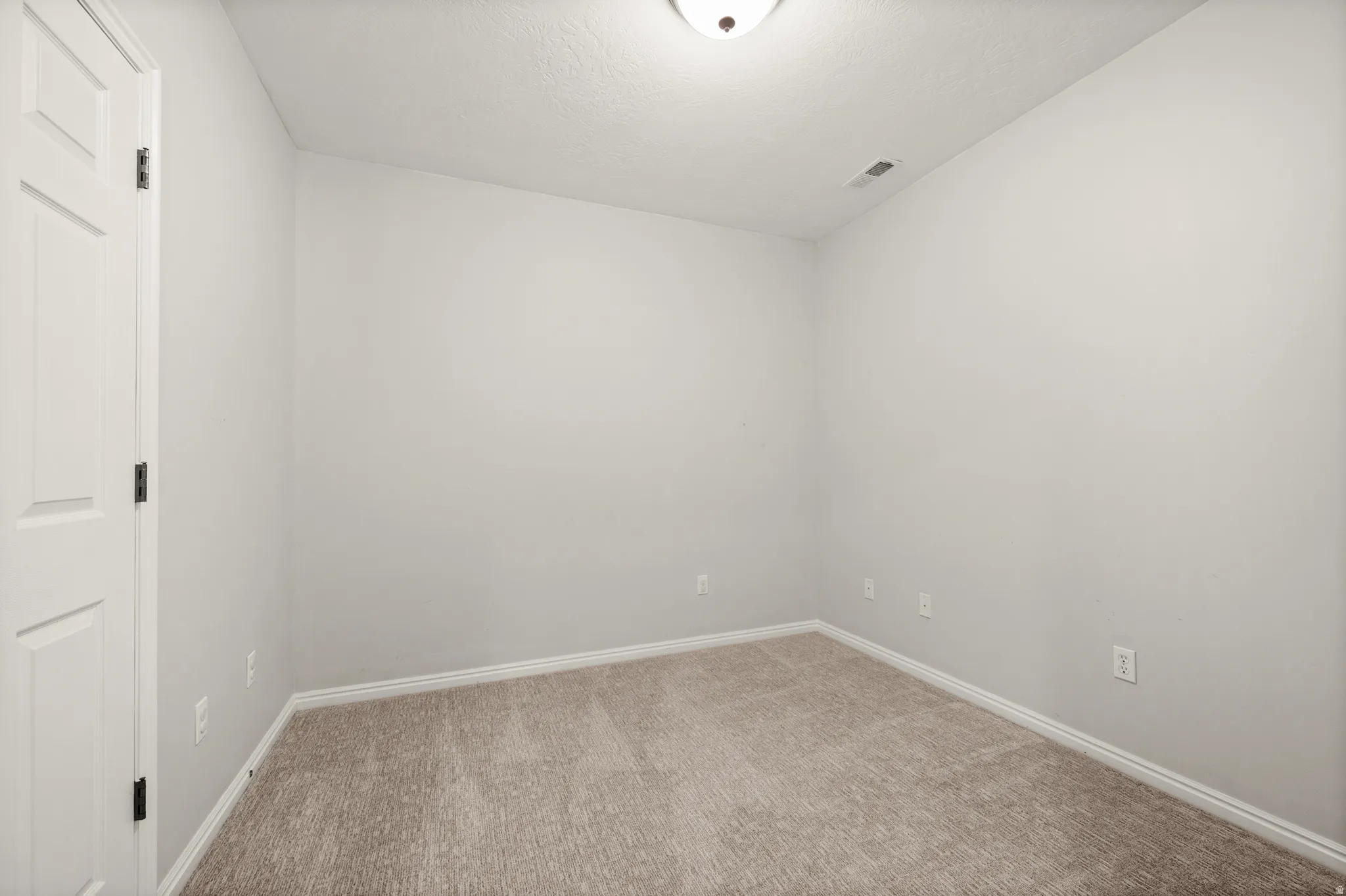 Neutral-toned room featuring a panel door with black hardware, light-colored carpeting, white baseboards, and a flush-mount ceiling light fixture