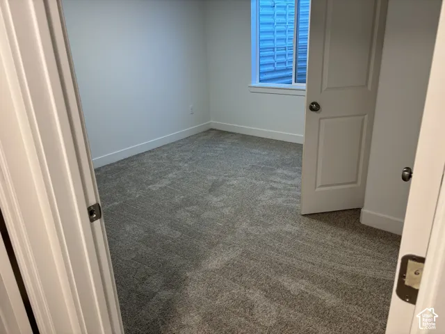 Neutral tone carpeting, white painted walls, and a window with a white frame