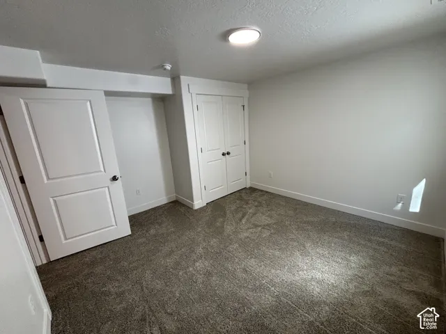 Neutral wall color, wall-to-wall carpeting, overhead flush-mount lighting, and bi-fold doors