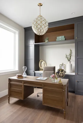 Dedicated office space featuring built-in cabinetry, an open shelving unit, and wood-finish flooring