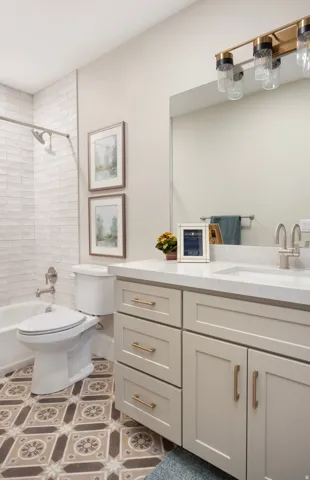 Bathroom featuring a vanity with light gray cabinetry, a white countertop, and an undermount sink
