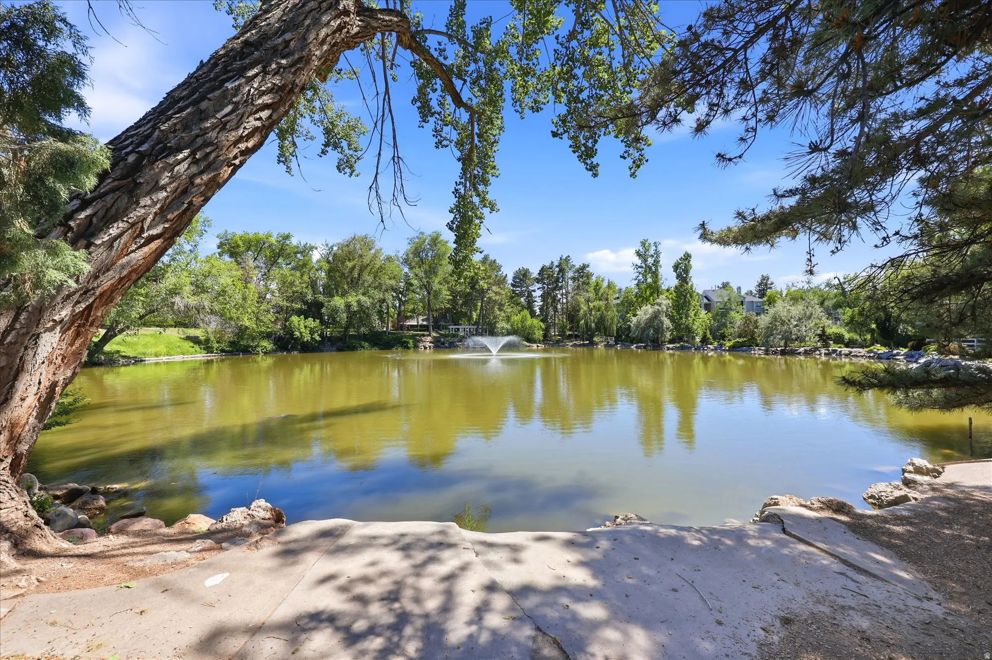 Expansive lake with a central water feature, surrounded by mature trees and natural rock landscaping