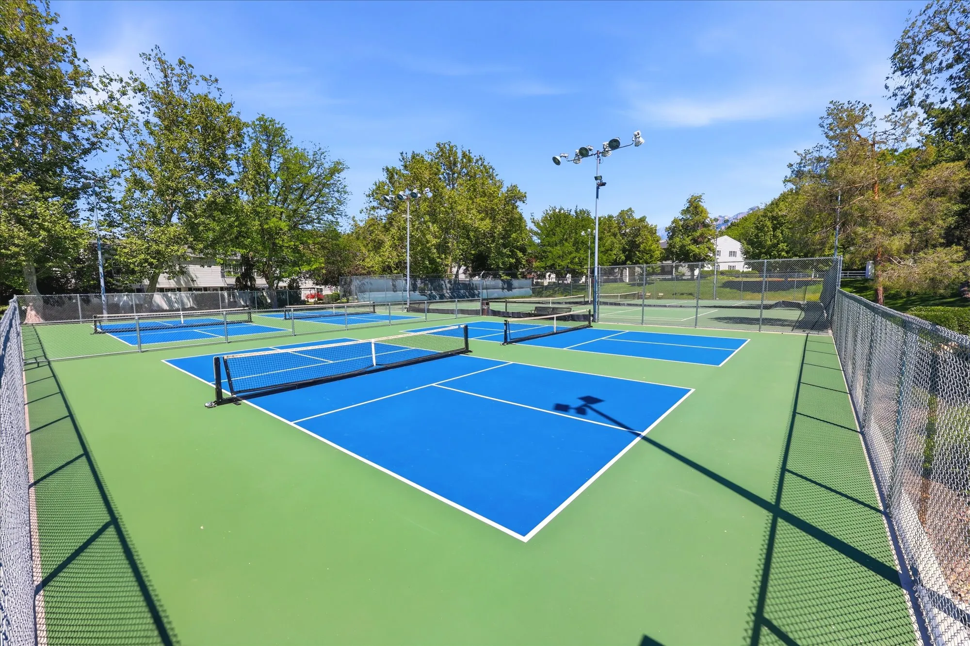 Multiple pickleball courts with blue and green surfacing, surrounded by chain-link fencing