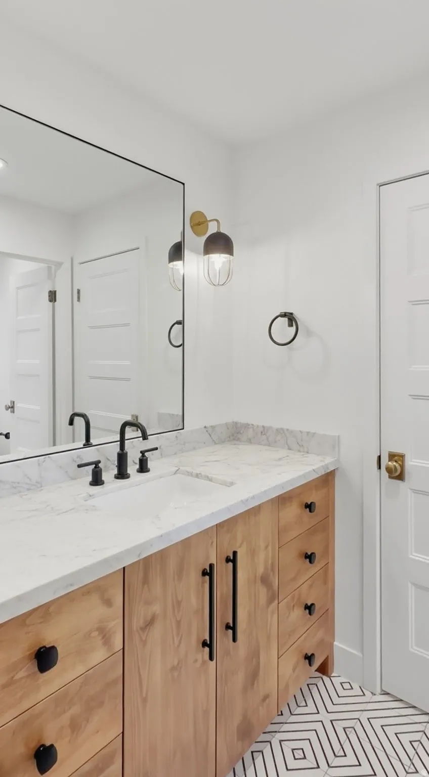 Bathroom vanity featuring a light wood-finish cabinet with black hardware, a light-colored countertop with an integrated sink, and matte black faucet