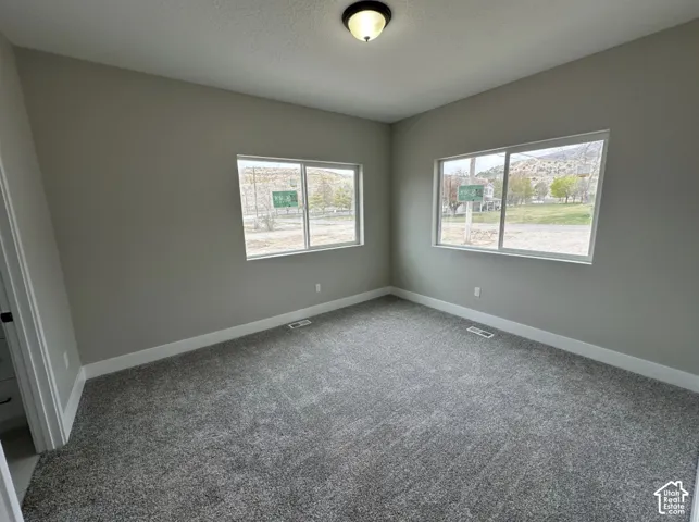 Room featuring two large windows, neutral gray wall paint, and gray textured carpeting
